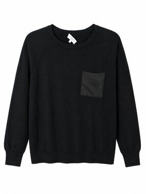 J. Society Black Crewneck Faux Leather Chest Pocket Long Sleeve Pullover Large